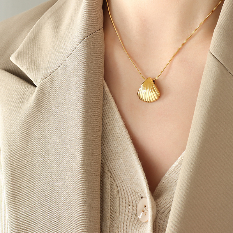 Estilo francés fresco romántico Shell forma rayas colgante collar pendientes populares Titanium acero joyería traje niñas