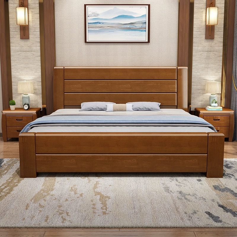 Solid Wood Bed Rubber Wood Home Simple Chinese Style Solid Wood Furniture Single Double Bed 1.5m Bed 1.8m Solid Wood Large
