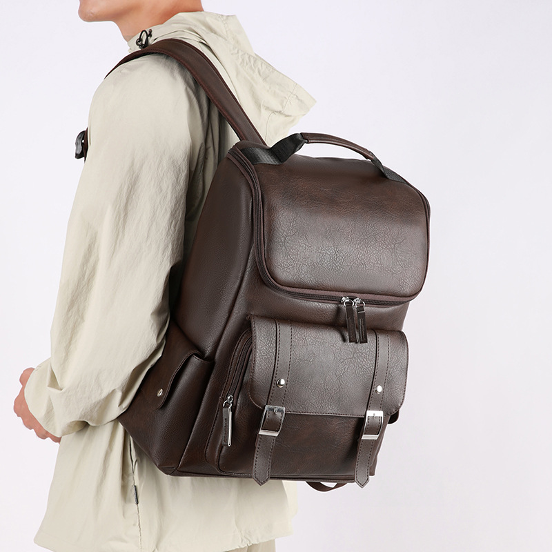 New Men's PU Leather Casual Multi-pocket Large Capacity Travel Backpack Laptop Bag Special Offer_voghion.com