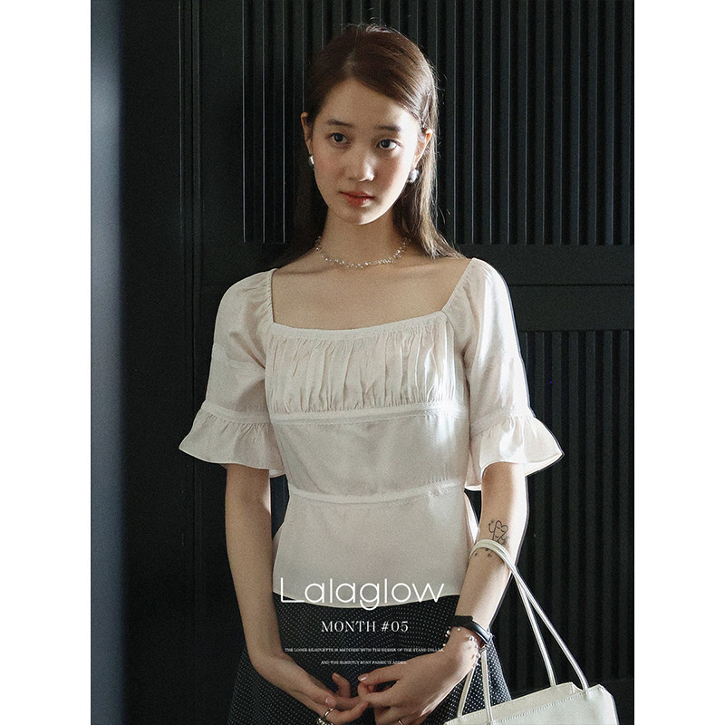 Lalaglow Acetate French Puff Sleeve Square Neck Lace Patchwork Shirt for Women