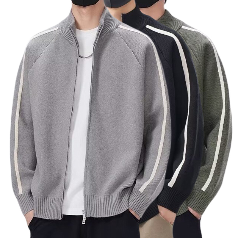 Explosiones transfronterizas de tamaño grande europeo a rayas cardigan suéter de punto chaqueta de hombre chaqueta de doble cremallera fábrica de marea al por mayor