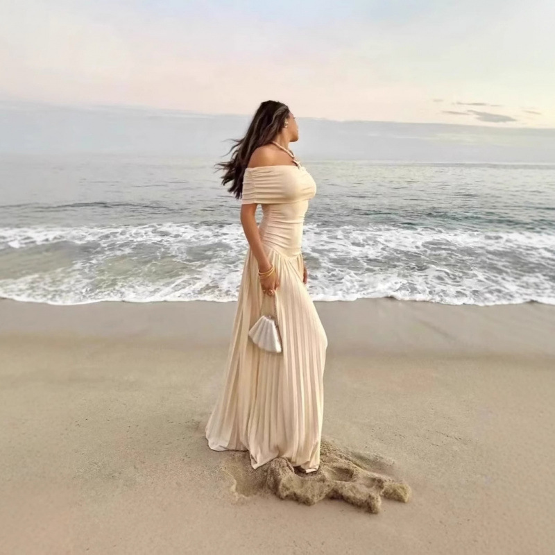 Lioness French-Style Fairy-Like Temperament Spicy Girl Ruched Off-Shoulder Elegant Slim-Fit Long Dress