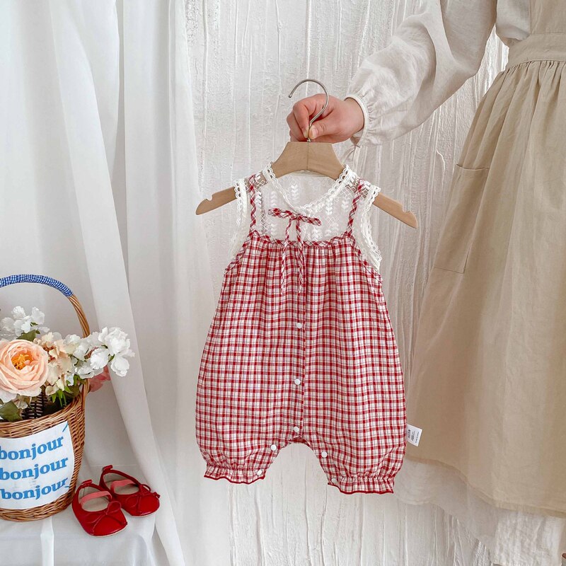Ins Korean Style Baby's Summer Clothes Wrap Fat Clothes Fresh Lace Stitching Plaid Jumpsuit for Newborn