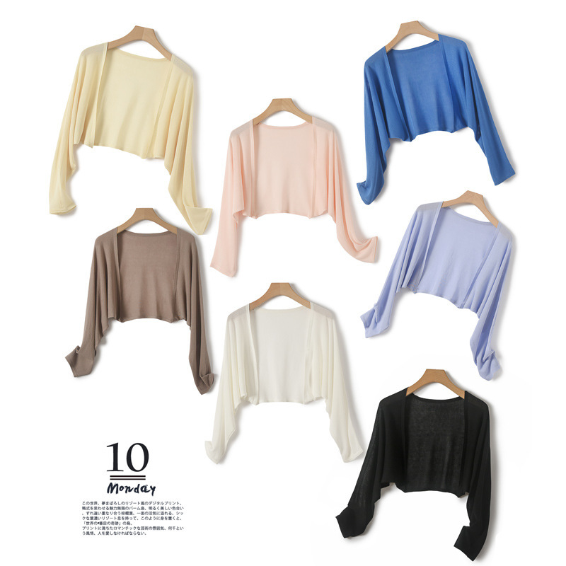 Ropa de protección solar de seda helada de manga larga para mujer, estilo transfronterizo, tipo chal pequeño, chaqueta tipo camisa para aire acondicionado de verano, cárdigan corto blanco, estilo fino