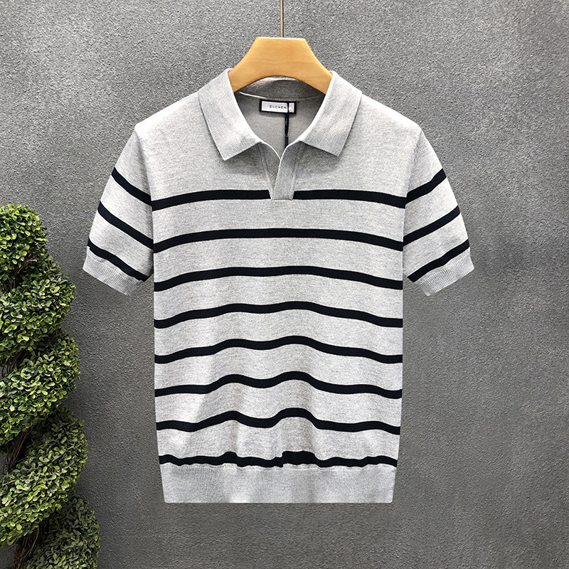 Polo camiseta de punto camiseta de manga corta camiseta de hombre cuello en V gaviota cuello rayas viejas líneas de viento de verano fábrica transfronteriza mayorista