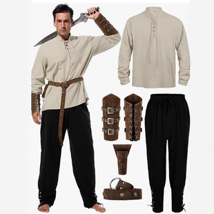 5-Piece Halloween Men's 2025 Renaissance Costume Set Medieval Pirate Shirt Ankle Pants
