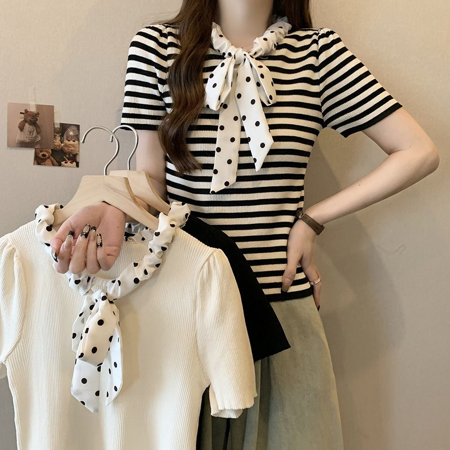 2024 neuer Sommer süßer Polka Dot-Pullover mit Kordelzug, kurzärmeliges Eisseide-Bauchbedeckung, kleines duftendes Streifenoberteil für_voghion.com