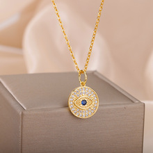 Zircon Round Evil Eye Pendant Necklace for Women Stainless S