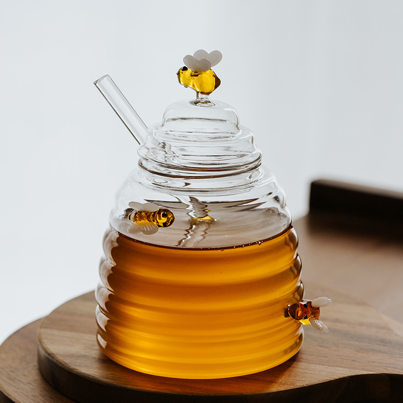 High borosilicate high temperature resistant glass honey jar with stirring rod storage jar transparent household honey bottle with lid sealed jar