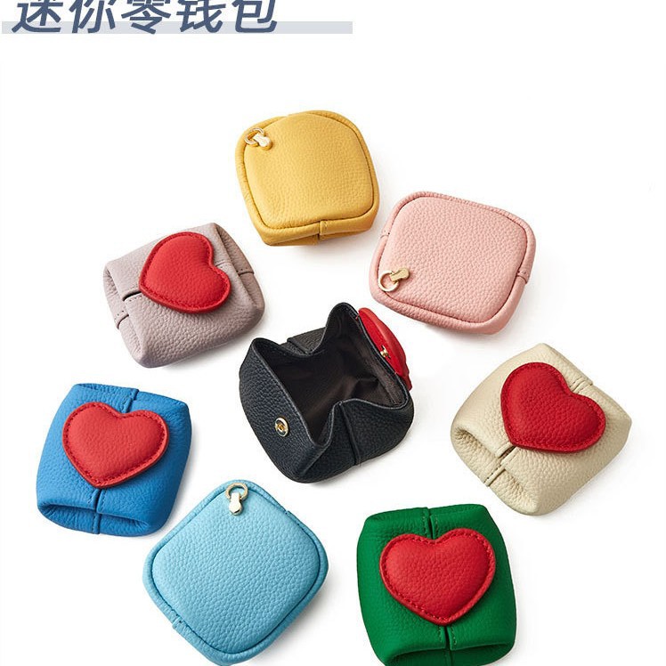 Cute heart-shaped lychee pattern mini coin purse for women, portable earphone storage bag, lipstick, key, coin, and small card holder