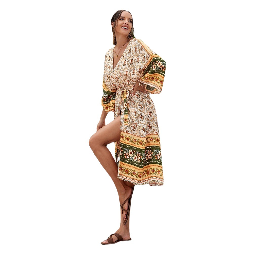 2 colores europeos y americanos nueva playa de vacaciones vestido rayón impreso cardigan largo bohemio falda bikini cover up 3826