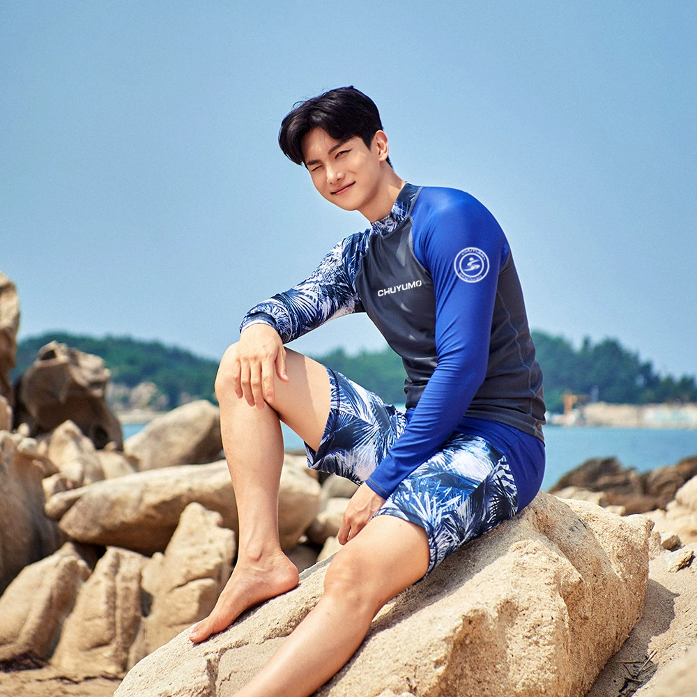 Men's Wetsuit Printed Round Neck Outdoor Surfing Long-Sleeve Mid-Length Pants Two-Piece Swimsuit Rash Guard