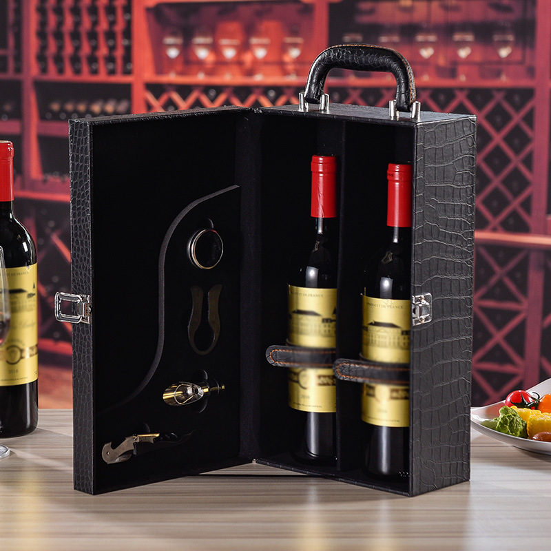 Wine Red Crocodile Pattern PU Leather Gift Box, Standard Two-Bottle Universal Wine Gift Box with Accessories