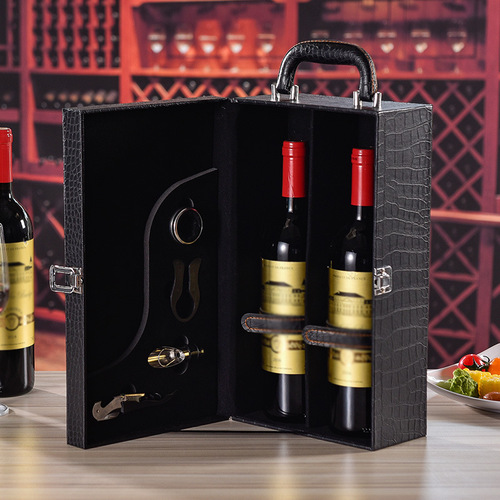 Wine Red Crocodile Pattern PU Leather Gift Box, Standard Two-Bottle Universal Wine Gift Box with Accessories