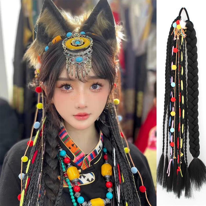 Xizang style wig ethnic style braid wig dirty braid colorful tassel hair ball wool braid a few wig braids Xizang style wig ethnic style braid wig dirty braid colorful tassel hair ball wool braid a few wig braids