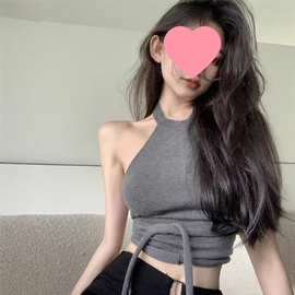 纯欲美式性感甜辣妹挂脖领系带露背针织毛衣无袖背心女外穿2026夏