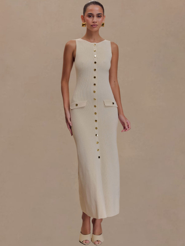 In-Stock Cross-Border Supply for Foreign Trade, New Spring/Summer Style, Single-Breasted Knitted Elegant Sleeveless Dress, Floor-Length Gown In-Stock Cross-Border Supply for Foreign Trade, New Spring/Summer Style, Single-Breasted Knitted Elegant Sleeveless Dress, Floor-Length Gown