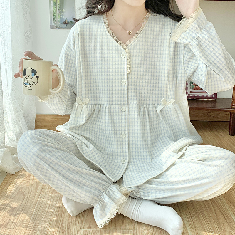 블루 체크 무늬 코튼