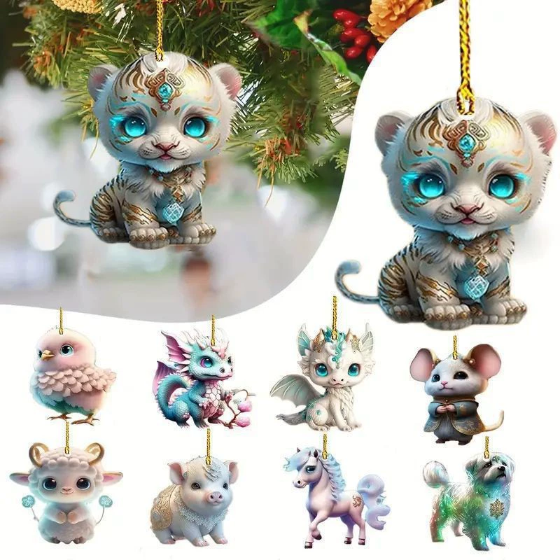 Акриловый 2D плоский милый кулон в виде животного Дракон Тигр Лошадь курица автомобиль висит елка украшения подарок кулон