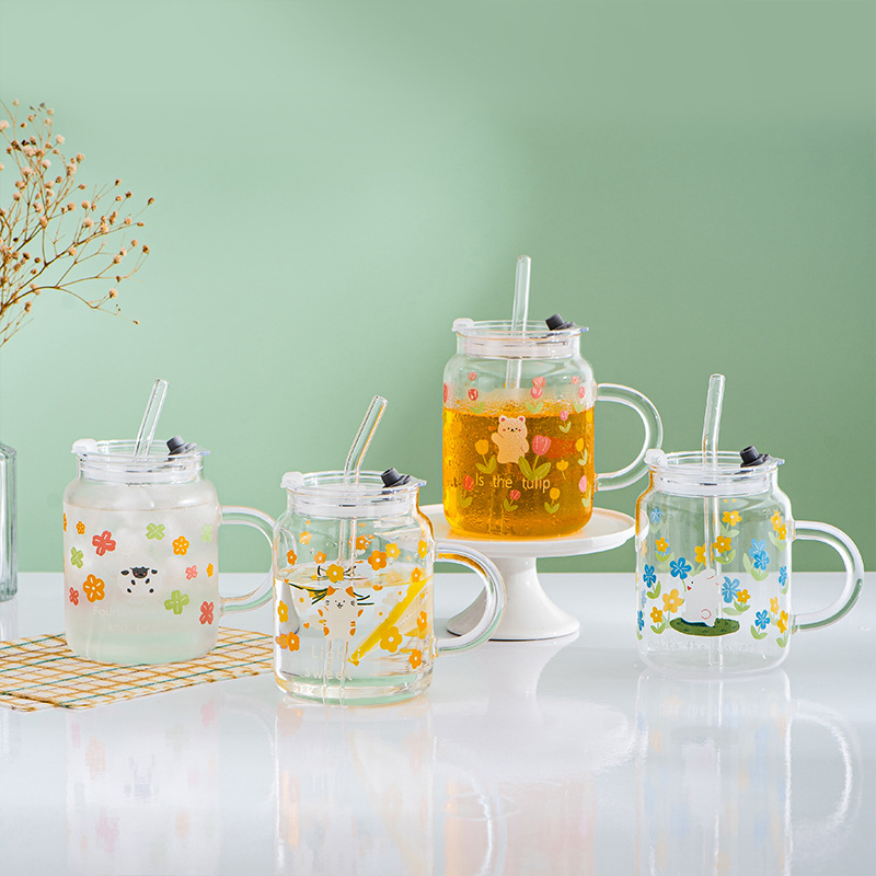 Creative Small Fresh Cartoon Animal Print Glass Cup With Lid Straw Cup For Office And Home Use