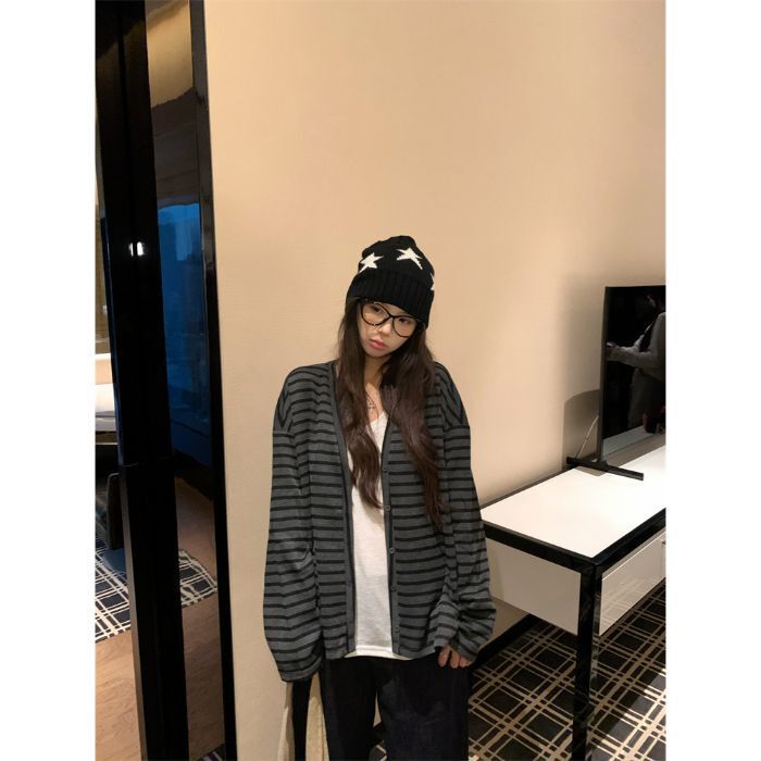【自家工厂现货】慵懒风撞色条纹宽松长袖外套女显瘦百搭休闲上衣|undefined
