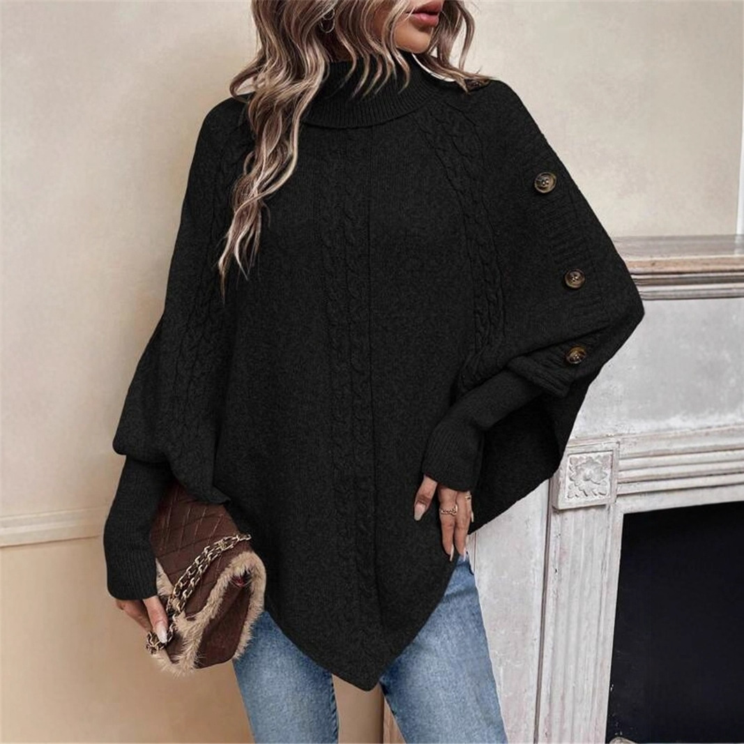 Europa y los Estados Unidos transfronterizos otoño y invierno nuevos suéteres de punto de mujer Amazon moda de cuello alto botón decoración camiseta de murciélagos de manga larga image 5
