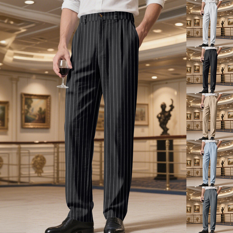 2025 Cross-Border Amazon Spring and Autumn Linen Casual Pants Men's Loose Breathable Simple Striped Straight Suit Pants