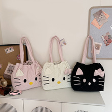 卡通猫咪菱格绗缝手提包女2025新款少女心大容量通勤抽绳托特包
