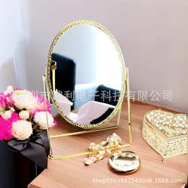 轻奢电镀化妆镜公寓会所桌面台面镜欧式复古金属边镀金镜子金色