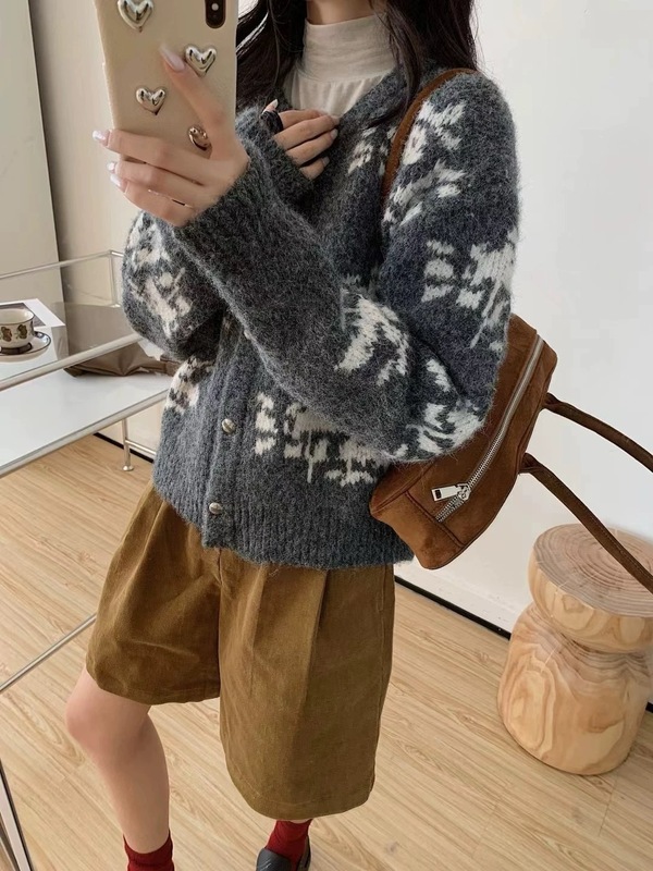 韩系复古费尔岛提花毛衣女秋冬新款慵懒风重工雪花短款开衫外套潮|undefined