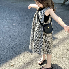 夏季女童套裝寶寶洋氣兒童個性潮韓版時髦網紅炸街背心格子背帶褲