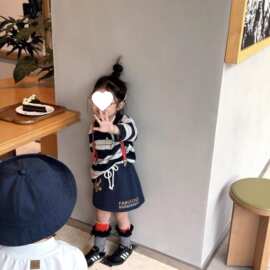 R7Q韩系女童套装2025秋季新款洋气百搭宽松翻领条纹上衣卡通半身