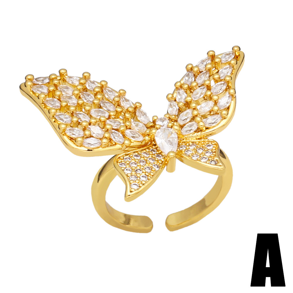 Fashion Creative Zircon Inlaid Butterfly Flower Adjustable Copper Ring
