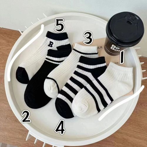 Black and White Striped Girls' Short Socks Spring and Summer Thin Version Ins Trendy Versatile Cartoon Letter Sports Breathable Versatile Ship