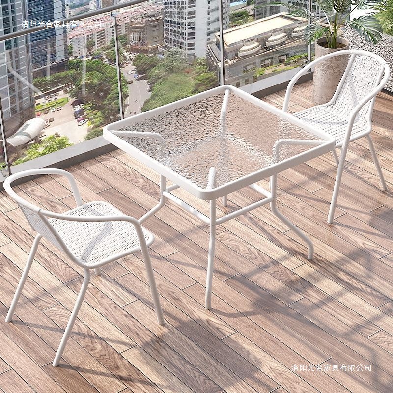 Mesa y silla de balcón de tres piezas, mesas de té casuales, combinación de vidrio blanco plegable, una mesa y dos sillas, mesas de té pequeñas
