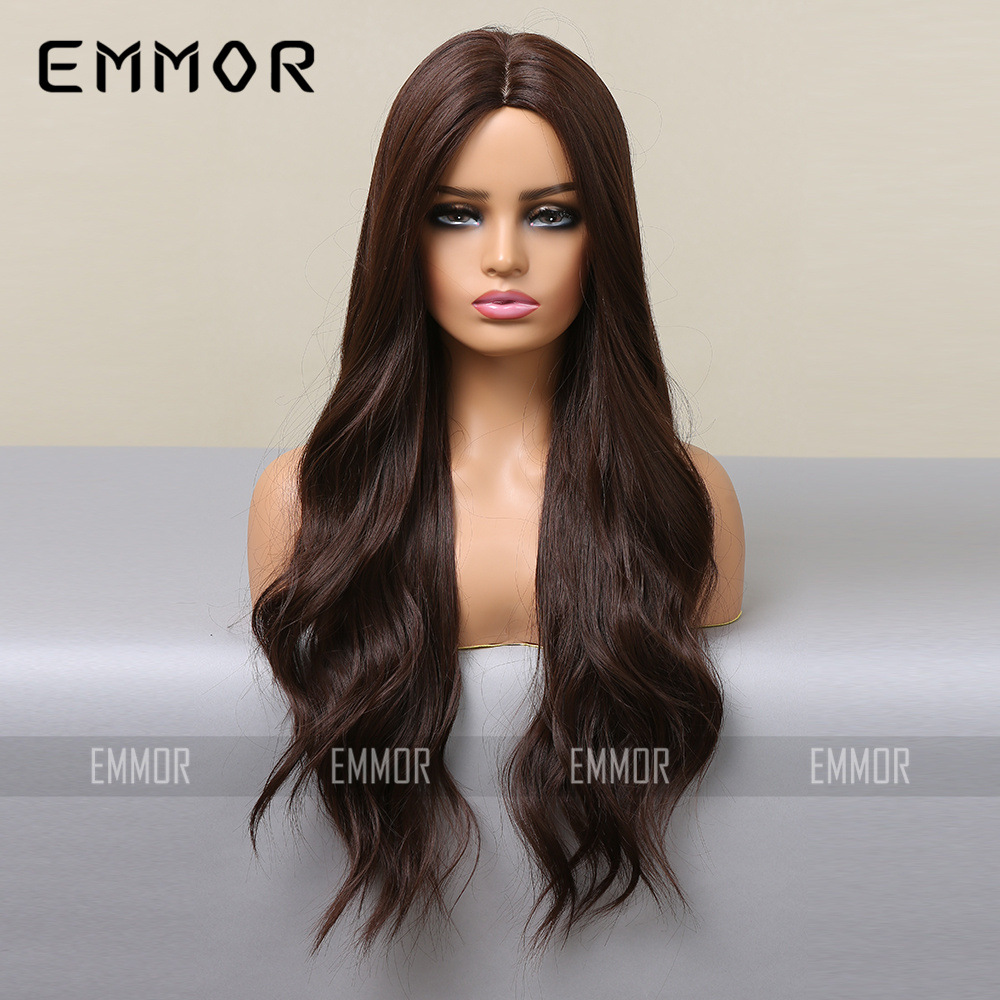 Nueva moda natural medio negro marrón grande onda larga y rizada cubierta de la cabeza fibra química del pelo europeo y americano peluca pelucas femeninas
