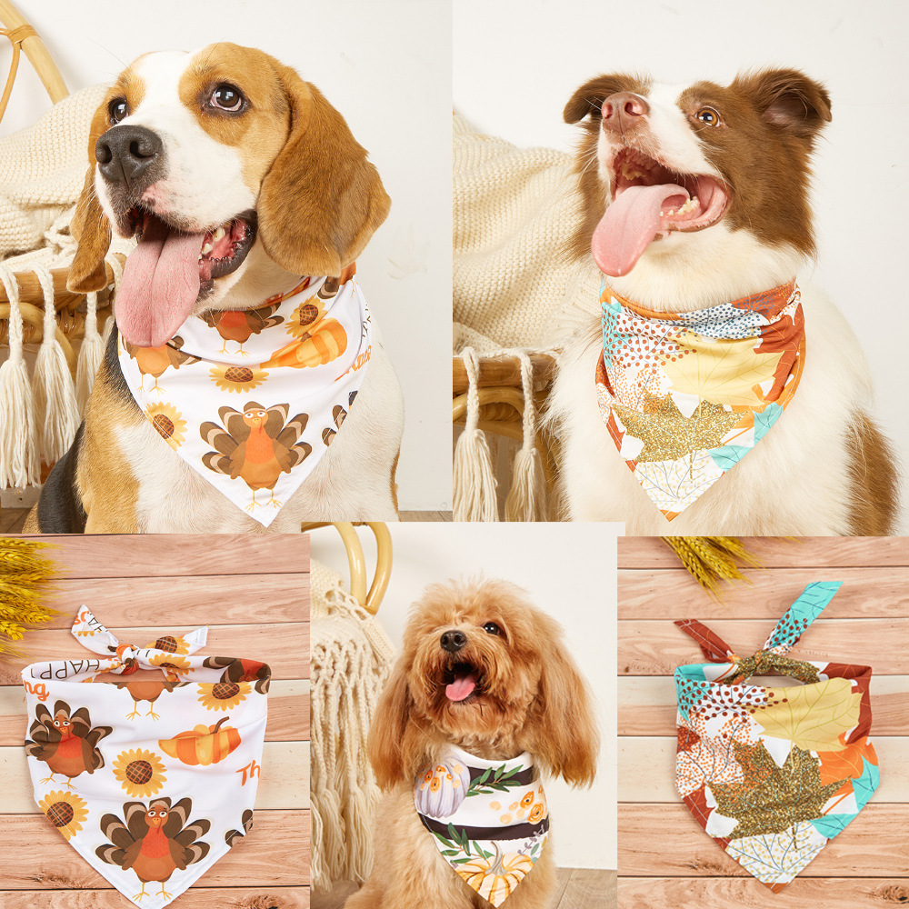 Suministro directo de fábrica transfronterizo nueva moda sarga bufanda de perro de Acción de Gracias Toalla de triángulo mascota perro poliéster Toalla de saliva