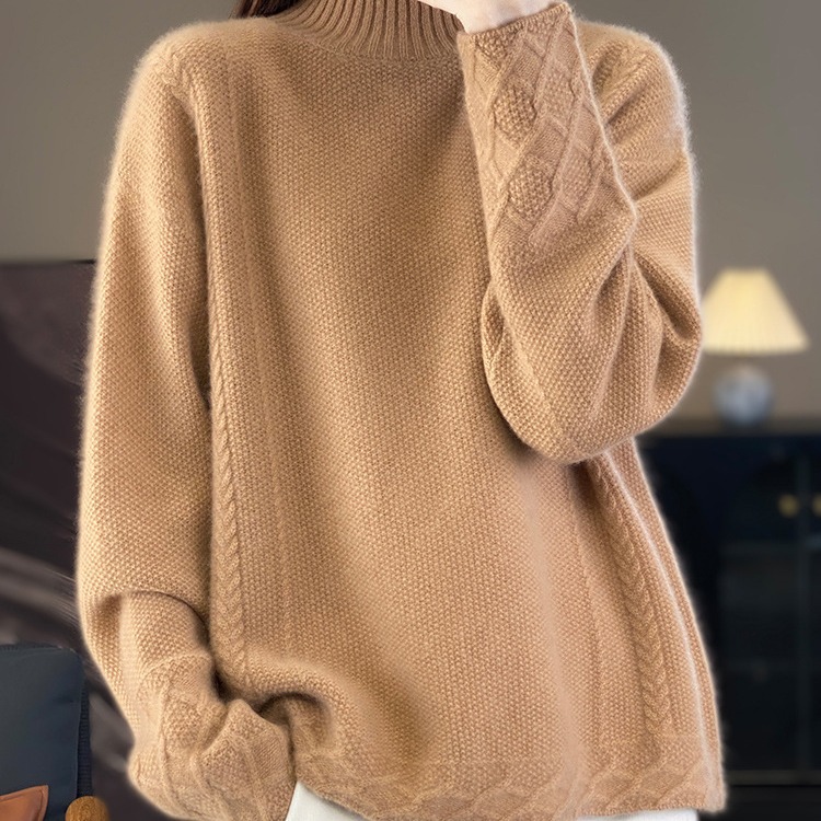 Half high neck 100% pure wool sweater, women's loose and lazy style cashmere knit bottom sweater, retro jacquard pullover