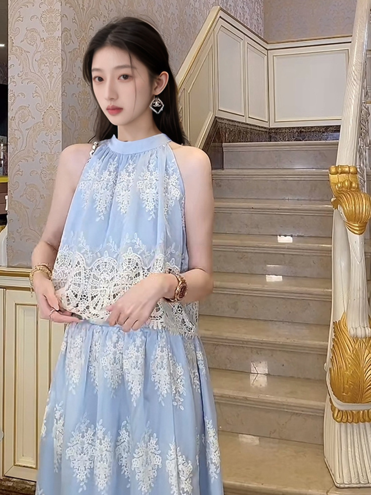 Set áo váy nữ phong cách Trung Hoa mới thêu rỗng, eo cao mùa hè ZX N5038 — Áo, Váy nửa