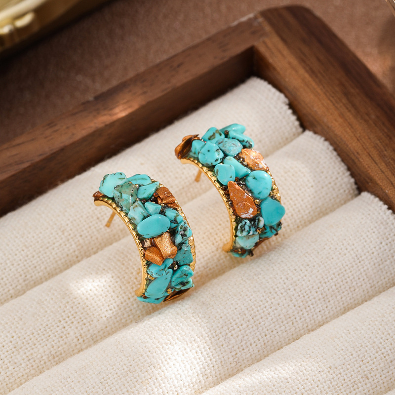 Nala Blue Turquoise Semi-Circular Fashionable Exaggerated Statement Hoop Earrings Vintage Jewelry Hoop Earrings Autumn and Winter Ear Accessories