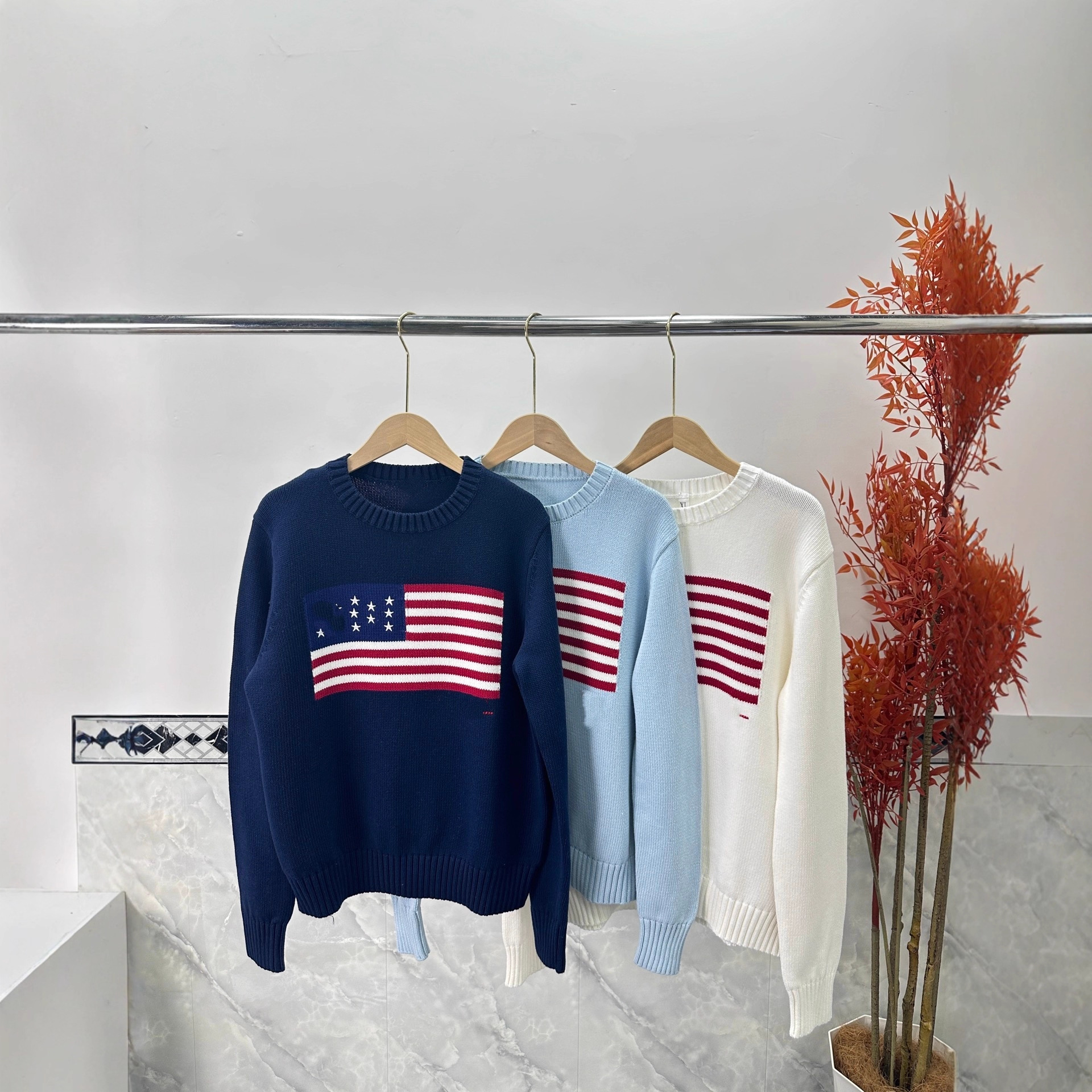 2025时尚彩色棉质圆领国旗长袖套头针织上衣