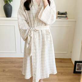 浅米格纹长袖系带长款睡袍女韩系简约春秋居家睡眠家居服批发