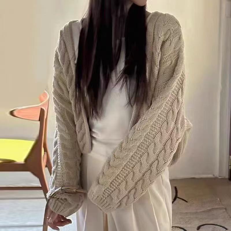 chic复古麻花V领长袖毛衣开衫女秋冬新款宽松短款慵懒风针织上衣|undefined