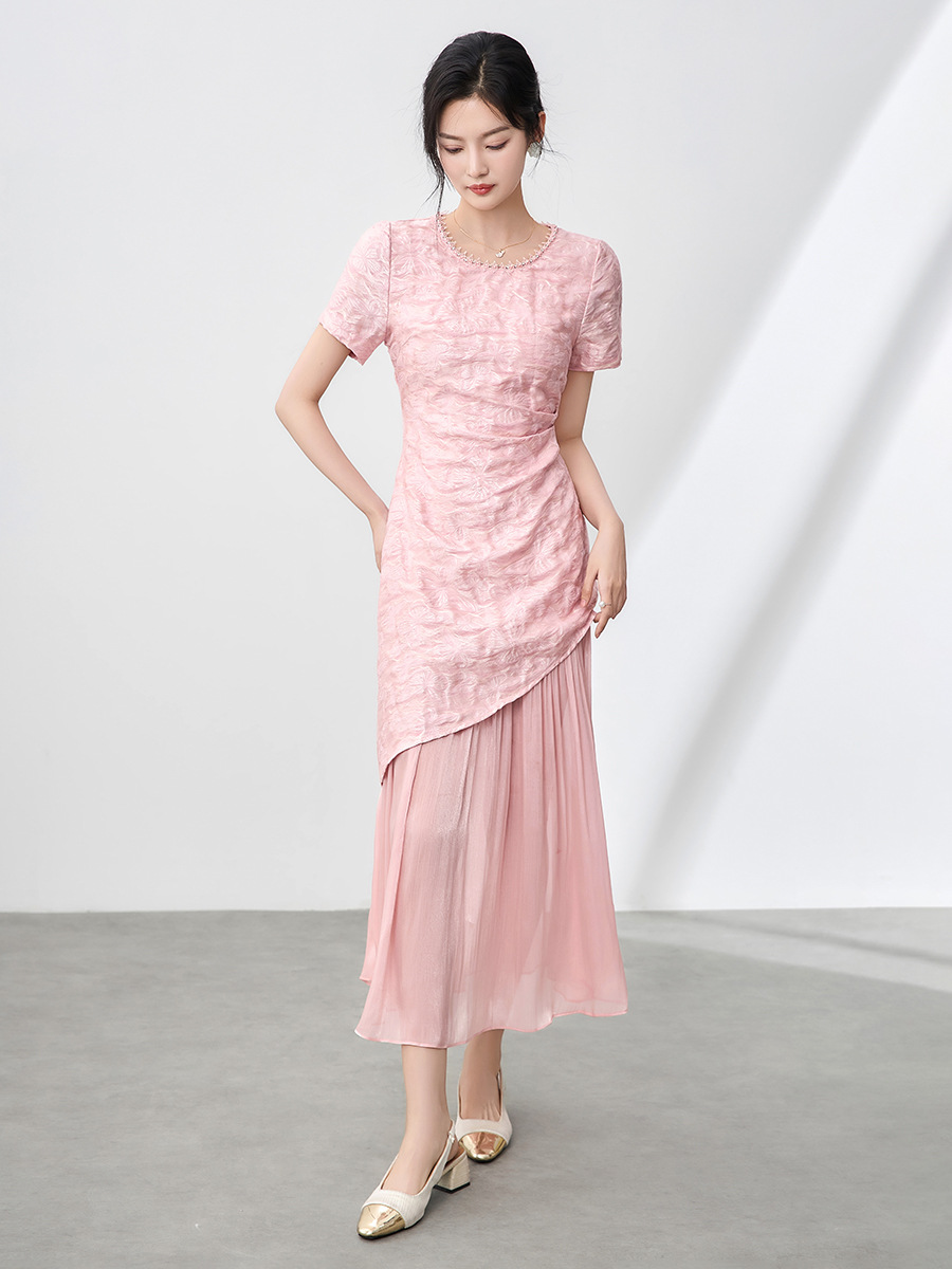 Váy maxi nữ cổ tròn đính cườm họa tiết bướm jacquard phong cách Trung Quốc — Màu đen