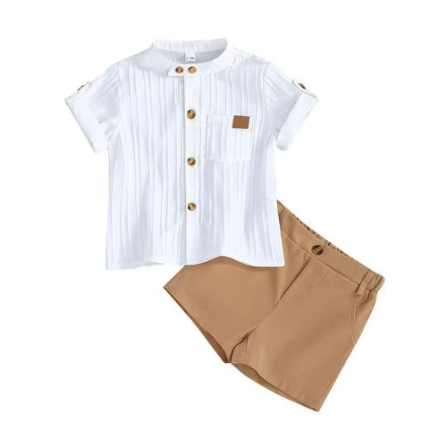 2025—Boy's Spring and Summer Outfit: White Striped Short-Sleeve Shirt + Khaki Shorts Set