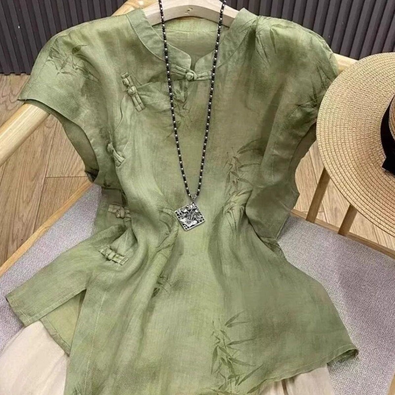 Chinese Style Fashion Shirt for Women with Slightly Plump Body Shape, Diagonal Collar, New Chinese Style Print, Summer Artistic Short-Sleeve Ink Painting Shirt for Plus-Size People Chinese Style Fashion Shirt for Women with Slightly Plump Body Shape, Diagonal Collar, New Chinese Style Print, Summer Artistic Short-Sleeve Ink Painting Shirt for Plus-Size People
