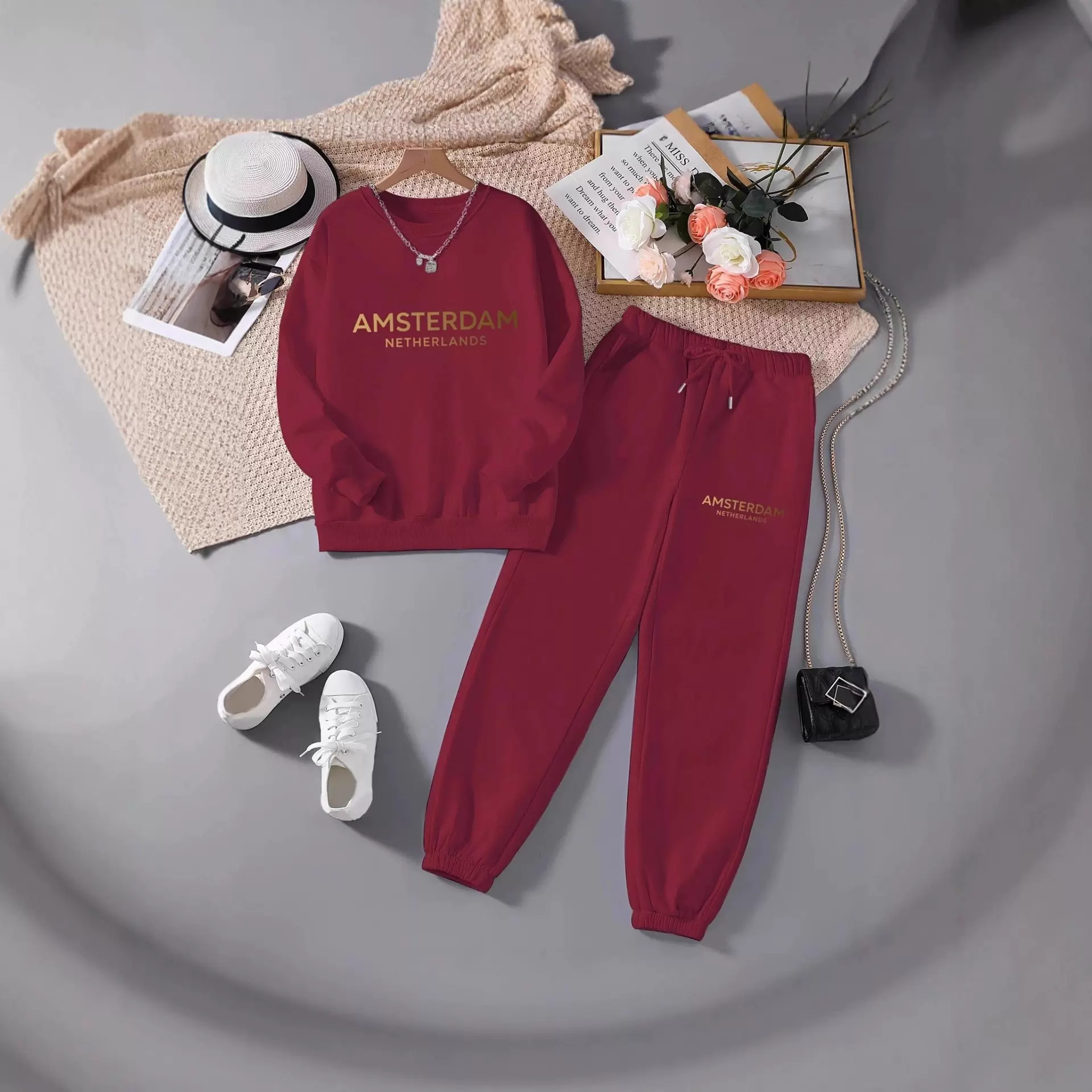 新款卫衣男装圆领套装宽松慵懒上衣束脚裤印花加绒休闲日常成套搭