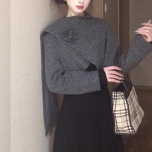 2025新款巨好看高级感秋冬大方得体穿搭套装灰色针织披肩连衣裙子