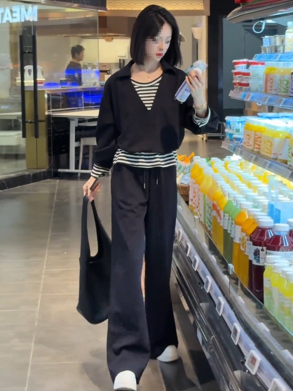 时尚休闲套装女2025秋季新款洋气条纹拼接假两件上衣阔腿裤两件套|undefined