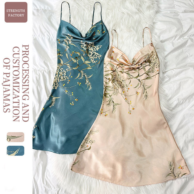 Cross-Border Direct Supply Silk Nightgown Women's Summer Suspender Skirt V Neck Sexy Mini Mid-Length Pajamas Home Wear